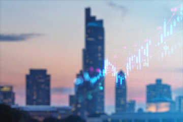 Abstract glowing upward candlestick forex chart on blurry city grid wallpaper. Trade, finance and money concept. Double exposure.
