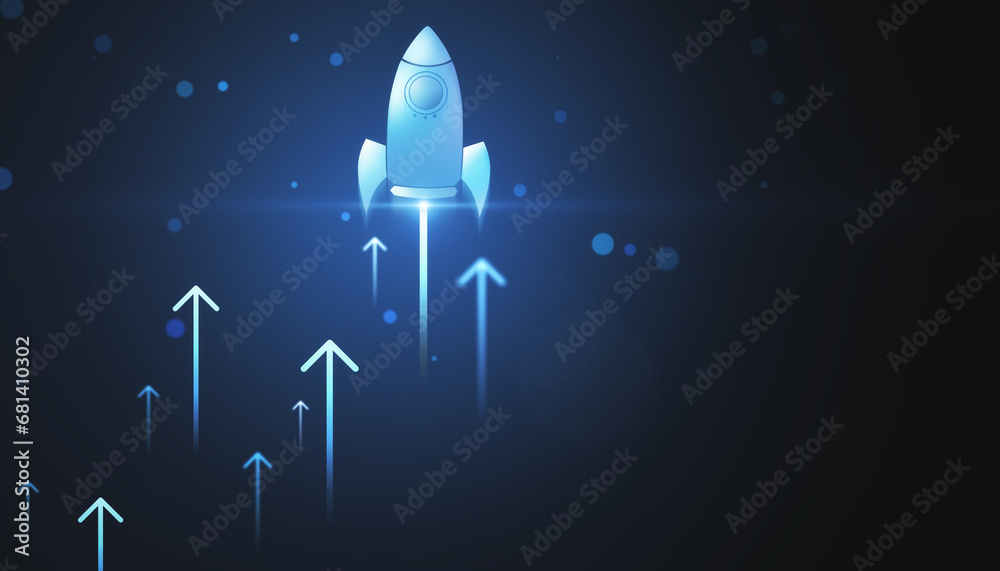 Aufkleber blue rocket ascending with glowing arrows on a dark business concept background. growth and innovati