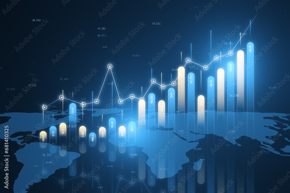 Poster Financial growth concept with upward graphs on a world map. 3D Rendering