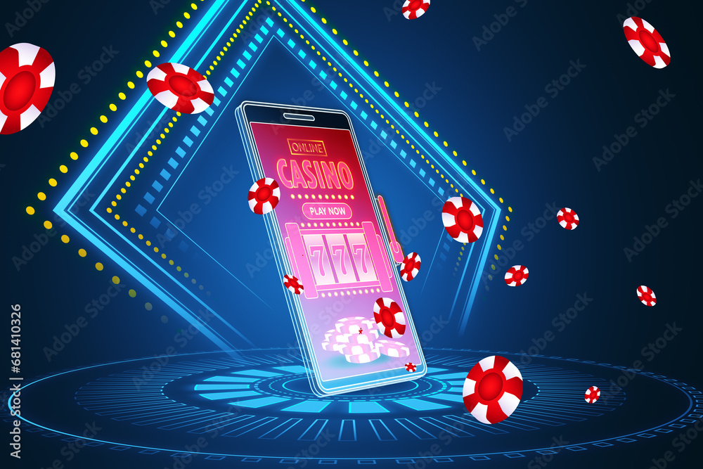 Poster online casino mobile application surrounded by neon signs and floating chips. digital leisure and ga