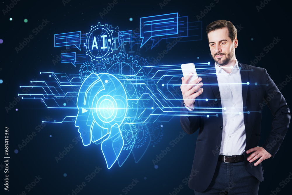 Poster attractive young european businessman using cellphone with glowing robot head and icons on dark blur