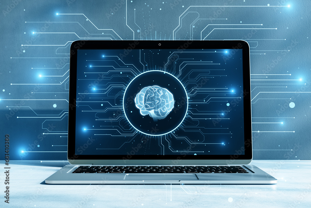 Poster Digital brain on a laptop screen depicting the concept of artificial intelligence and machine learning. 3D Rendering