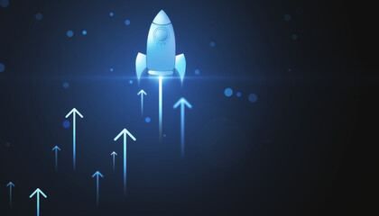 Blue rocket ascending with glowing arrows on a dark business concept background. Growth and...