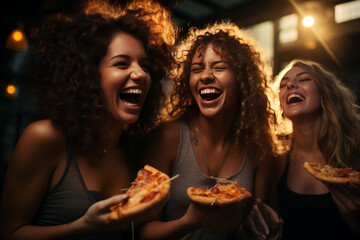 Girlfriends eat pizza and have a fun, animated conversation. - obrazy, fototapety, plakaty