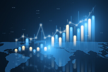 Financial growth concept with upward graphs on a world map. 3D Rendering - obrazy, fototapety, plakaty