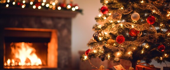 Fototapeta na wymiar Christmas tree and fireplace, cozy winter interior