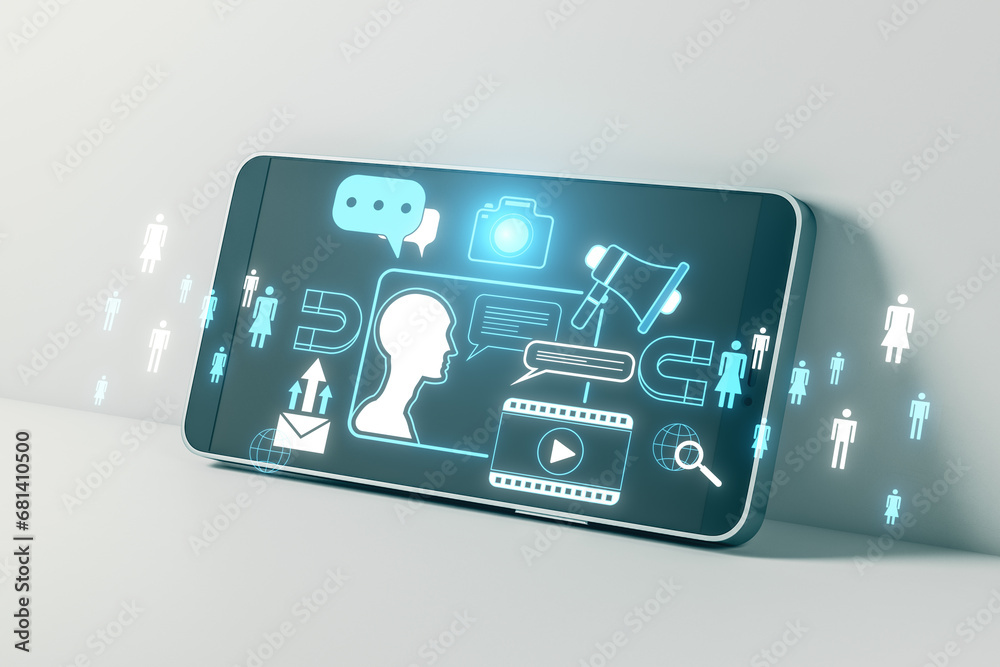 Aufkleber close up of cellphone with creative digital marketing hologram on blue background. promotion, chat g