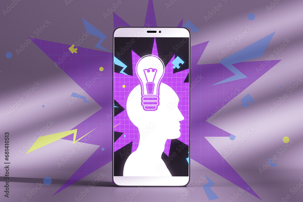 Poster creative digital head with light bulb on concrete wall background. idea and solution concept. 3d ren