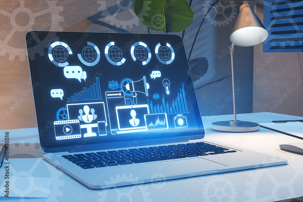 Poster close up of laptop on desk with lamp and creative digital marketing hologram on blue background. pro