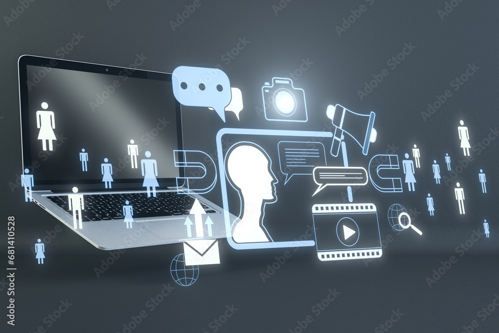 Poster close up of laptop with creative digital marketing hologram on blue background. promotion, chat gpt 