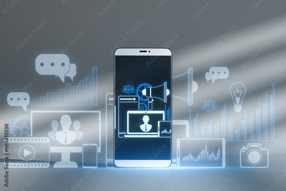 Poster close up of smartphone with creative digital marketing hologram on blue background. promotion and an