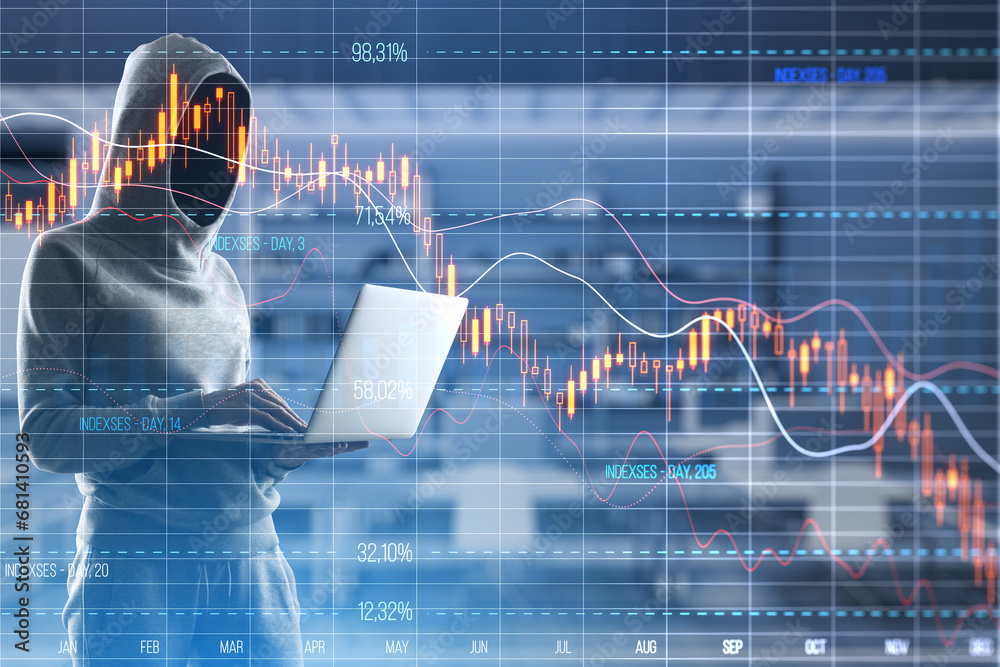 Poster hooded figure using laptop with stock market decline graphs
