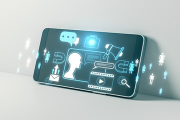 Close up of cellphone with creative digital marketing hologram on blue background. Promotion, chat gpt and alert concept. 3D Rendering.