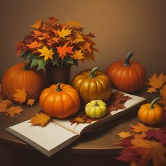 Autumn Elegance: A Still Life Composition of Gourds, Pumpkins, and Fall Foliage