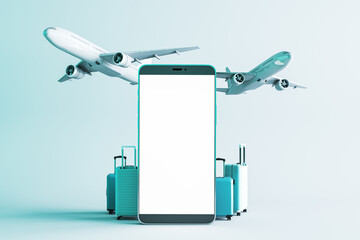 Travel concept with smartphone mockup screen and airplane, baggage for online flight booking....