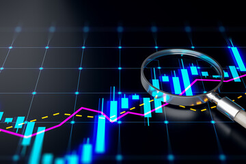 Magnifying glass on stock market chart. 3D Rendering