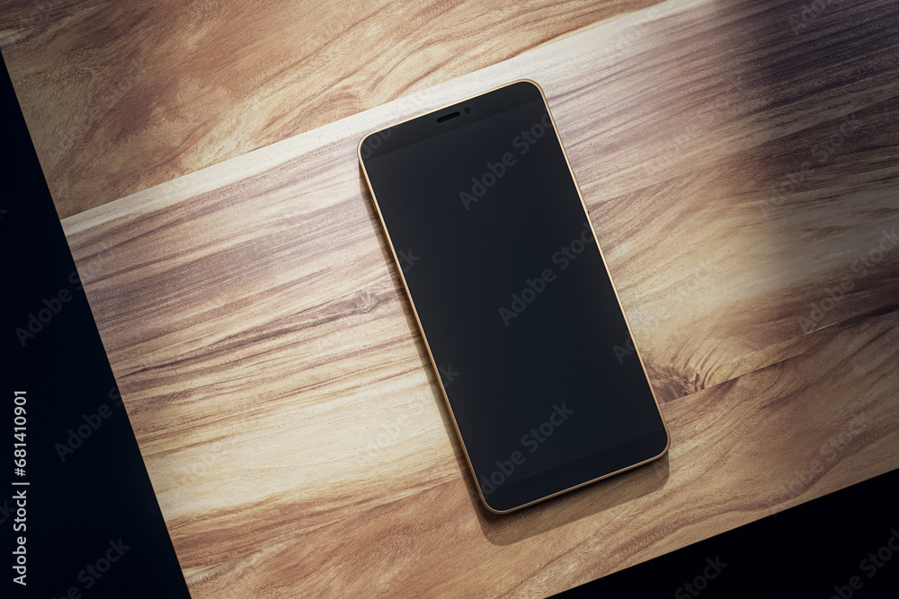 Poster top view of empty black smartphone on wooden table. mock up, 3d rendering.