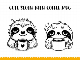 Cute sloth holding cup of coffee illustration isolated on white background. Vector.