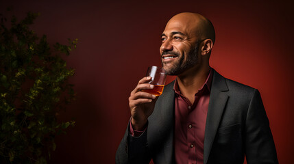 Portrait of a handsome man with a glass of whiskey on a red background. ia generative