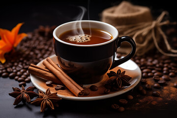 A brown cup filled with a creamy espresso, adorned with cinnamon and anise, set against a dark brown background with scattered coffee beans - obrazy, fototapety, plakaty