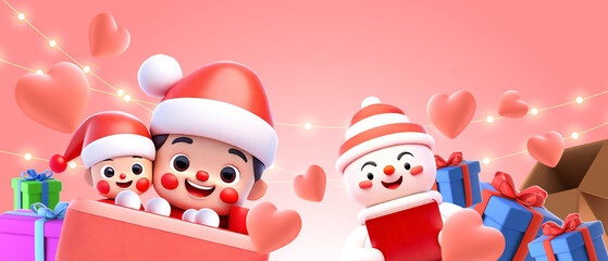 New Year gift ideas and promotions celebrate the New Year holiday season. snowman, online shopping, smartphone, Santa claus, greetings, celebration, copy space, banner, heart, 3d rendering