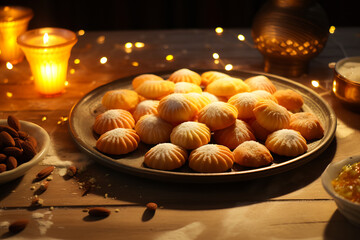 Arabic sweets, maamoul cookies on served table. Arabic pastries concept - obrazy, fototapety, plakaty