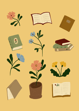 Set of Books and Flowers
