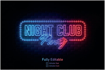 Vector neon effect light night party editable text effect and night club logo for neon text effect	