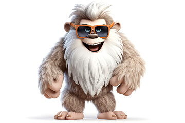 Cartoon yeti or bigfoot hairy character wearing sunglasses, on isolated white background. Funny monster toy - obrazy, fototapety, plakaty