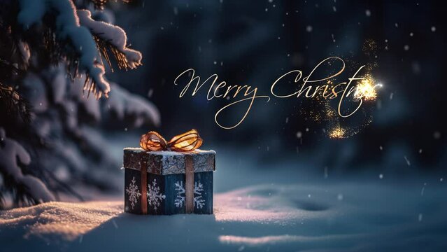 Christmas greeting. Beautiful Christmas gift box. Merry christmas reveal. Christmas decoration. Festive surprise. New Year's gift. Selective focus. Beautyful bokeh background.