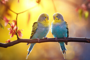 Couple of romantic blue budgies birds on a branch. Love or friendship concept - obrazy, fototapety, plakaty