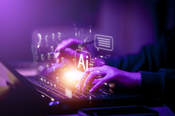 AI tech, Business person chatting with a smart AI using an artificial intelligence chatbot...