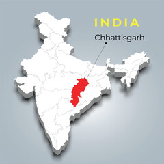 Chhattisgarh map location in Indian 3d isometric map. Chhattisgarh map vector illustration