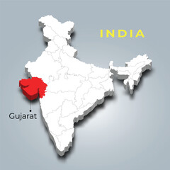 Gujarat map location in Indian 3d isometric map. Gujarat map vector illustration - obrazy, fototapety, plakaty