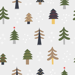 Winter seamless pattern with christmas trees. Hand draw style. Design for fabric or wrapping paper. 