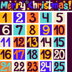 Advent calendar with bright Christmas decoration. Countdown to Christmas with numbers. Xmas numbers.