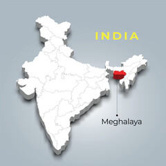 Meghalaya state map location in Indian 3d isometric map. Meghalaya map vector illustration
