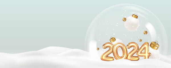 Christmas and New Year greeting card with transparent ball with numbers, balls, confetti, ribbons.