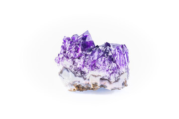 Fototapeta premium amethyst druse isolated on white blackground. macro detail background. close-up Rough raw unpolished semi-precious gemstone. 