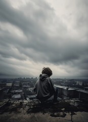 Fototapeta premium sitting boy watching gloomy city. Generative AI image.