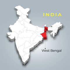 West Bengal state map location in Indian 3d isometric map. West Bengal map vector illustration