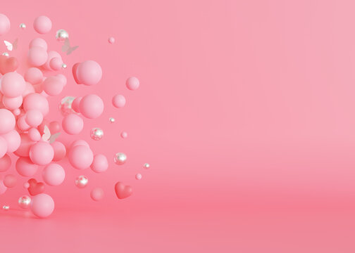 Scene with pink spheres, hearts, butterflies and copy space for product, cosmetic presentation, Valentine's Day promotion, wedding invitation. Mock up. Display, showcase. Girls background. 3D.