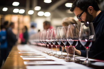 Join wine lovers as they test their palates, partaking in a blind tasting session, with concealed bottles adding an element of mystery. - obrazy, fototapety, plakaty