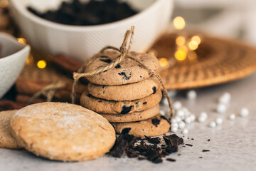 Close-up of chocolate chip cookies on the kitchen table.