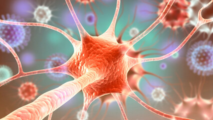 Human neuron cells with virus. 3d illustration..
