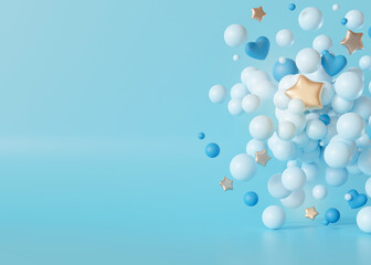 Scene with blue spheres, hearts, stars and copy space for product presentation or text. Mock up. Display, showcase. Its a boy background. Baby shower or birthday invitation, party. Baby boy birth. 3D.