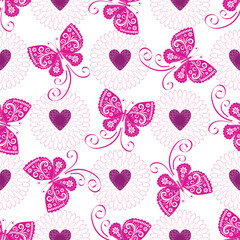 Vector Valentine seamless pattern with purple hearts and butterflies on transparent background