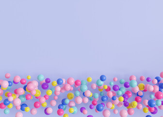 Multicolored balls, balloons on subtle lavender background, ideal for festive or playful themes. Empty, copy space. Backdrop for party or celebration invitations, children's parties, play centers. 3D.