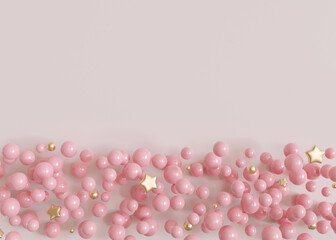Pastel background with pink bubbles, golden stars and copy space. It's a girl backdrop with empty space for text. Baby shower or birthday invitation, party. Baby girl birth announcement. 3D render.
