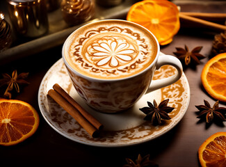 hot cup of coffee with cinnamon sticks and charismas cookies, Coffee beans, Christmas vibes 